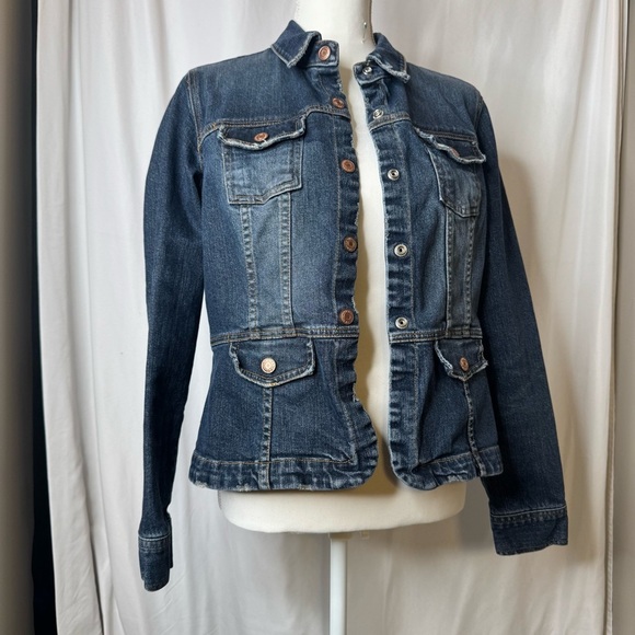 Old Navy Blue Jean Jacket Fitted Tailored Style with Distressing Sz Large - Picture 2 of 11